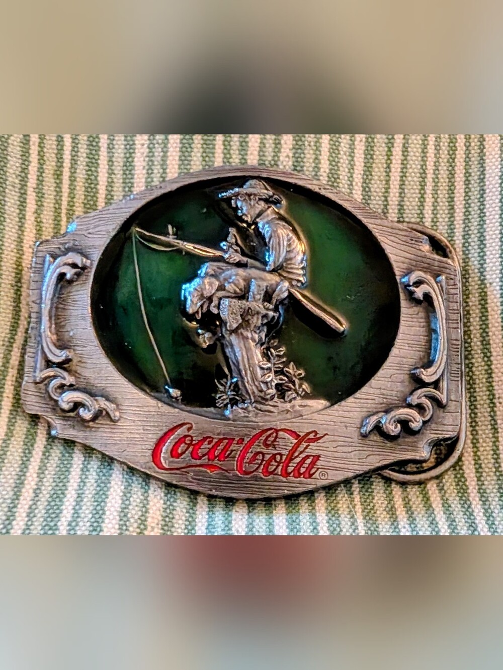 Vintage Coca-Cola fishing-themed belt buckle